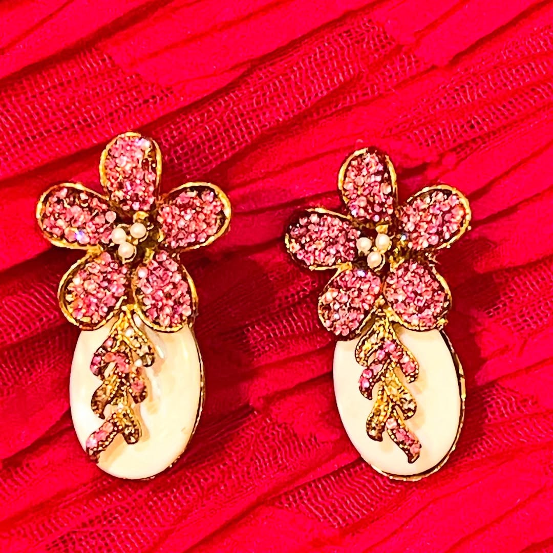 Pink Turkish Flower Earrings with Stones and Pearls Set