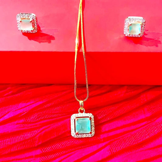 Rhombus Stone in black and Ferozi necklace with studs | Set for Girls