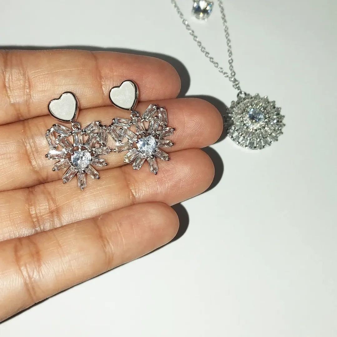 Silver-Tone Heart and Snowflake Pendant Necklace and Stud Earrings Set