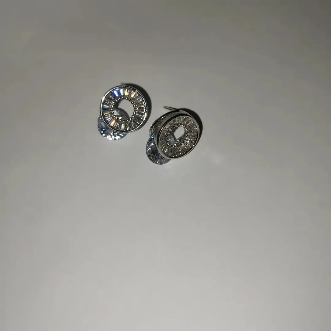 Sparkling Baguette & Round Cubic Zirconia Stud Earrings - Sterling Silver Circle Design