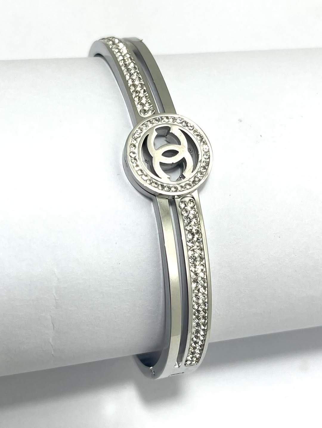 Elegant Silver-Toned Bangle for Women – Crystal-Embellished with Iconic Double C Design