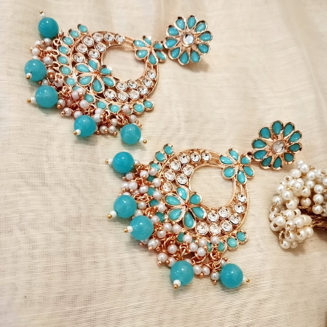 Ferozi and Red Pearl Earrings |Red and Ferozi Colored pearls with Rose gold Combination