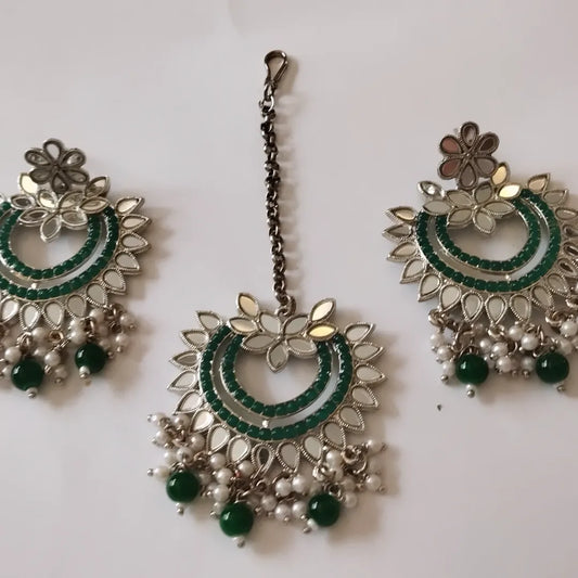 Traditional Indian Maang Tikka , Earings Set with Green Beads and Mirrors