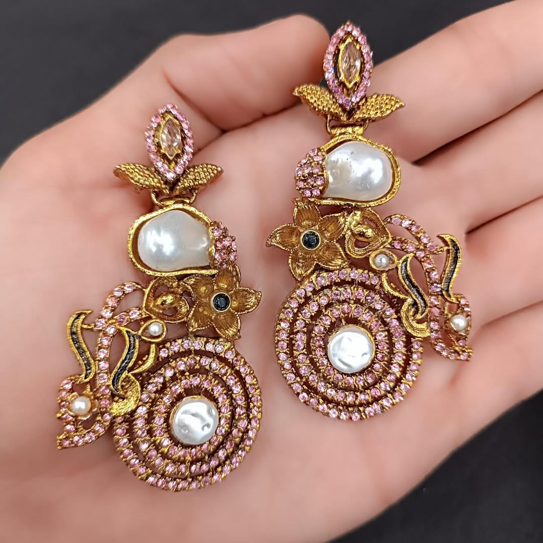 Luxury Traditional Gold Color Earrings for Women – Bridal & Party Wear Jewelry with Stones and Pearls