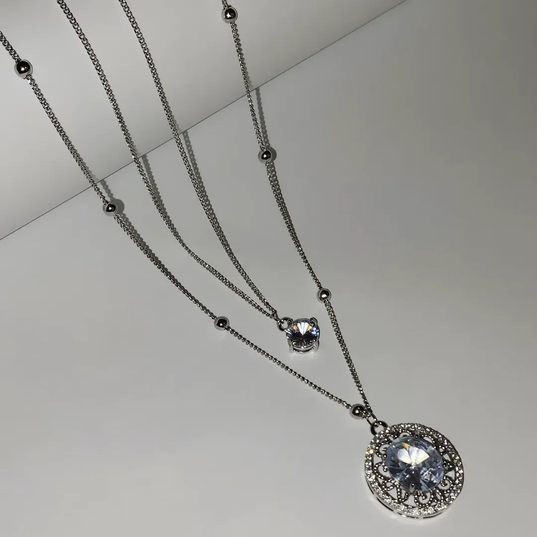 Double Strand Silver Crystal Pendant Necklace
