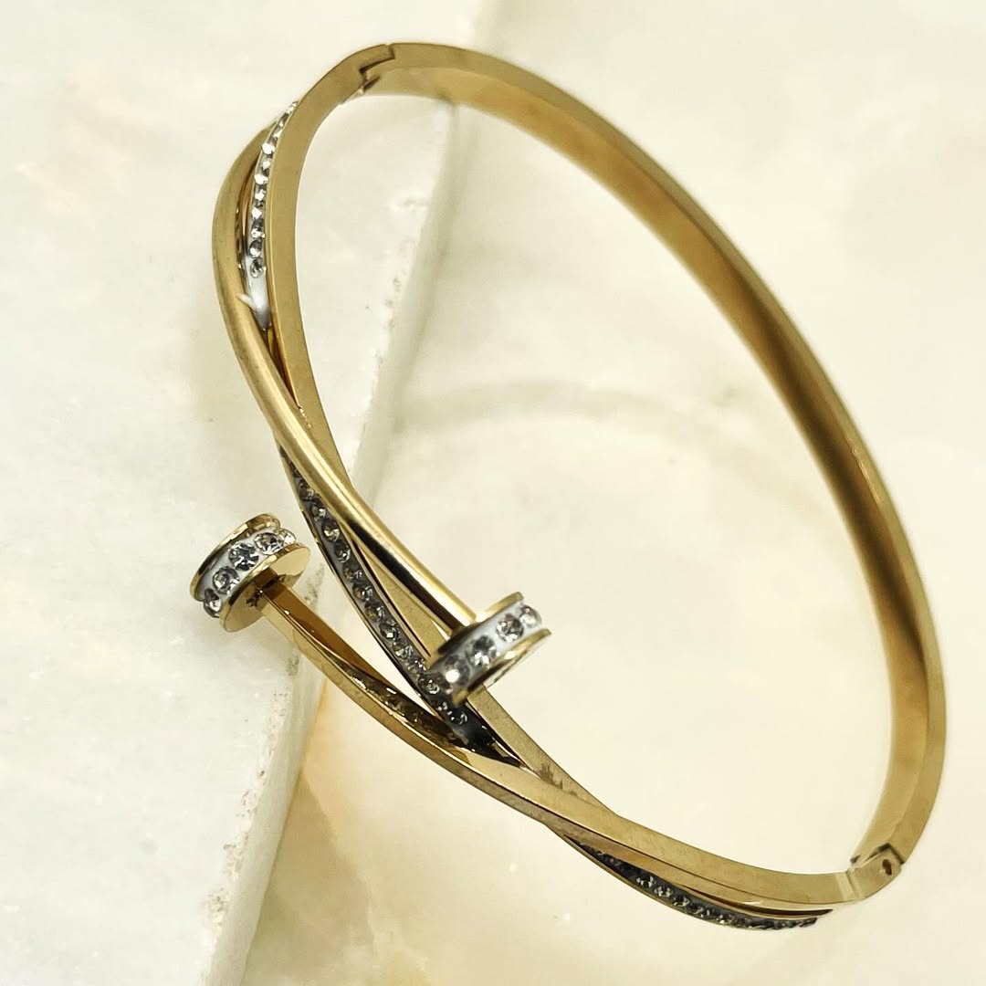 Stunning Gold-Toned Cuff Bracelet for Women - Bold Geometric Design with Crystal Inlays, Stainless Steel Jewelry