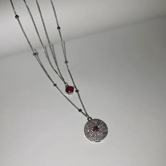 Elegant Layered Silver Necklace with Red Gemstone & Pave Disc Pendants