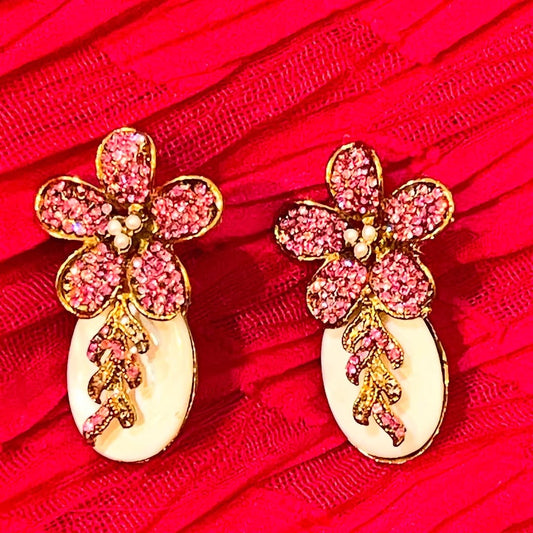 Pink Turkish Flower Earrings with Stones and Pearls Set