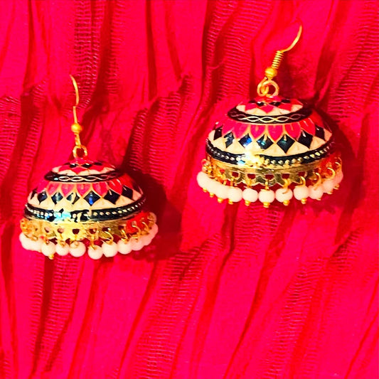 Rani Pink Meenakari Jhumka Earrings with Floral Design & Beads