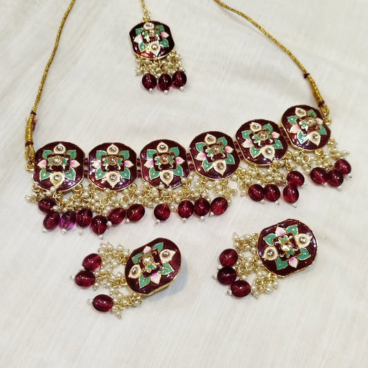 Gold Plated Kundan Studded & Beaded Necklace With Earings and Maang Tika | Chokkar set