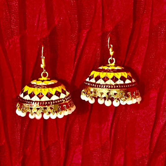 Exquisite Meenakari Jhumka Earrings on Red Fabric