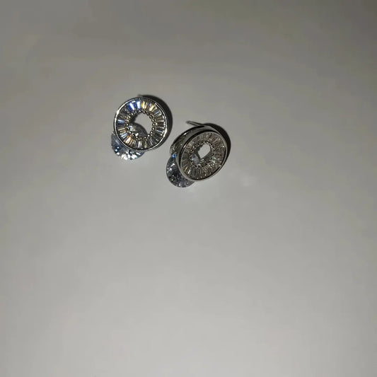 Sparkling Baguette & Round Cubic Zirconia Stud Earrings - Sterling Silver Circle Design