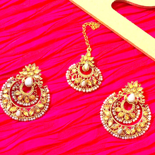 Stylish Earrings With Mang Tikka Bindiya | With Grey Stones