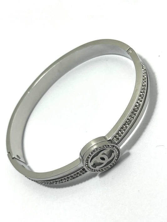 Elegant Silver-Toned Bangle for Women – Crystal-Embellished with Iconic Double C Design