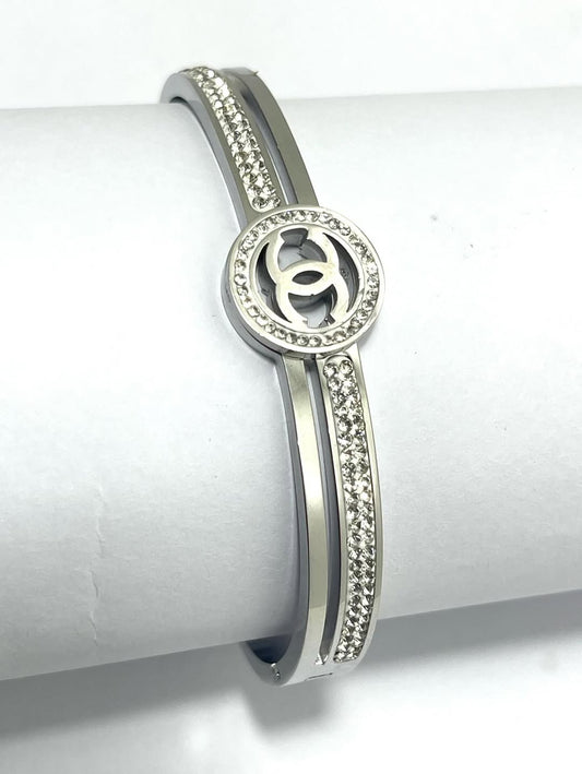 Elegant Silver-Toned Bangle for Women – Crystal-Embellished with Iconic Double C Design
