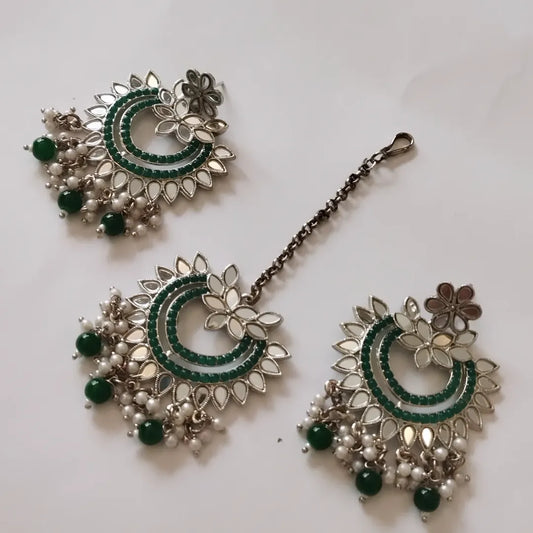 Traditional Indian Maang Tikka , Earings Set with Green Beads and Mirrors