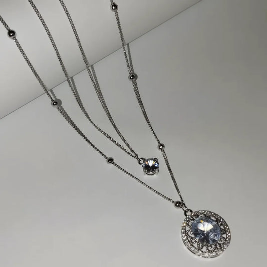 Double Strand Silver Crystal Pendant Necklace