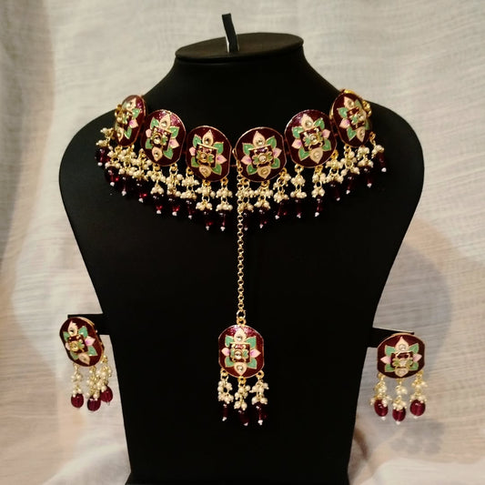 Gold Plated Kundan Studded & Beaded Necklace With Earings and Maang Tika | Chokkar set
