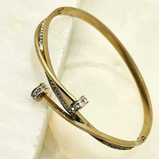 Stunning Gold-Toned Cuff Bracelet for Women - Bold Geometric Design with Crystal Inlays, Stainless Steel Jewelry