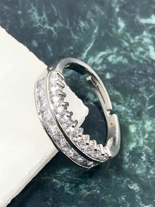 Adjustable Silver-Toned Double Band Pave Set Cubic Zirconia Ring
