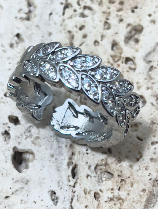 Sparkling Silver Leaf Adjustable Ring with Cubic Zirconia