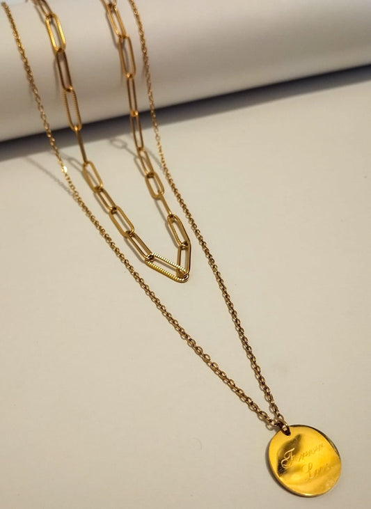 2 Pcs Stainless Steel Layered Necklace Set - Yellow Gold