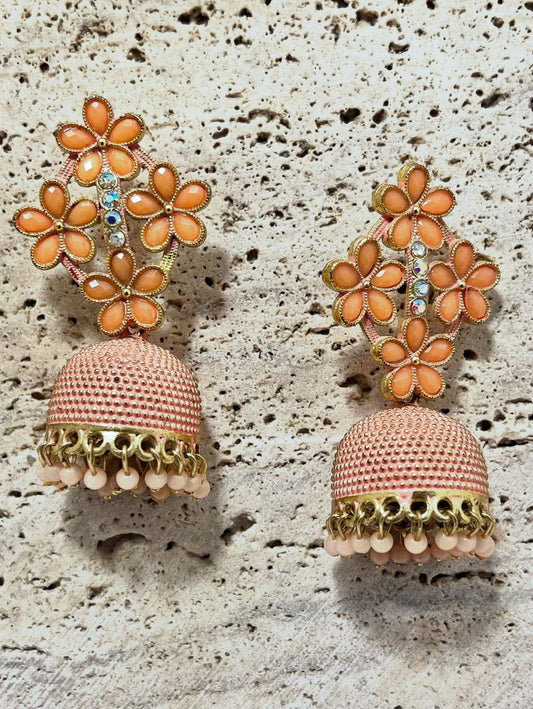Women’s Traditional Floral Jhumka Earrings – Peach & Gold Stylish Party Wear Jewelry