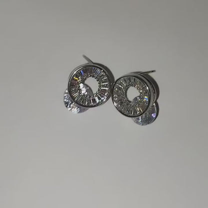 Sparkling Baguette & Round Cubic Zirconia Stud Earrings - Sterling Silver Circle Design